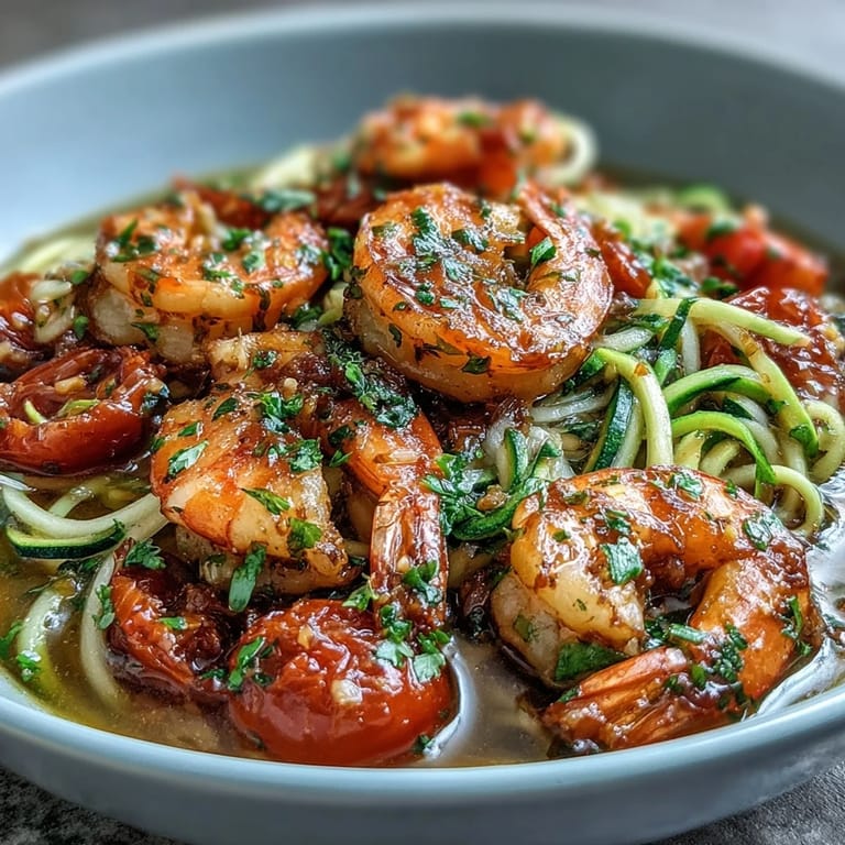 Schnelles Garnelen-Zucchininudel-Gericht in aromatischer Zitronen-Knoblauch-Brühe mit roten Pfefferflocken.