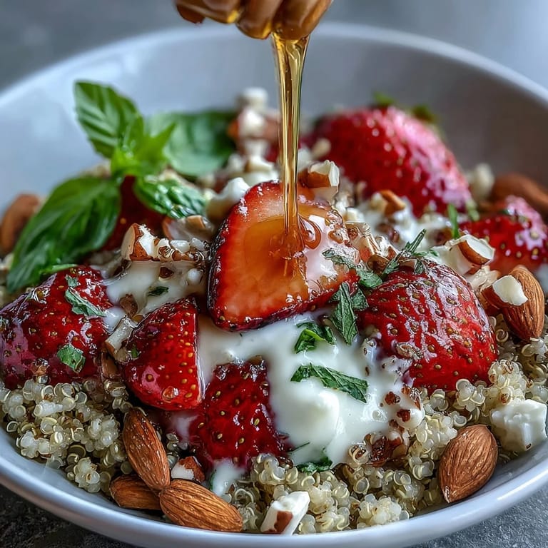 Reichhaltiger, warmer Quinoa-Frühstücksbowl mit süßen Erdbeeren, aromatischem Basilikum und einem veganen Honig-Drizzle.
