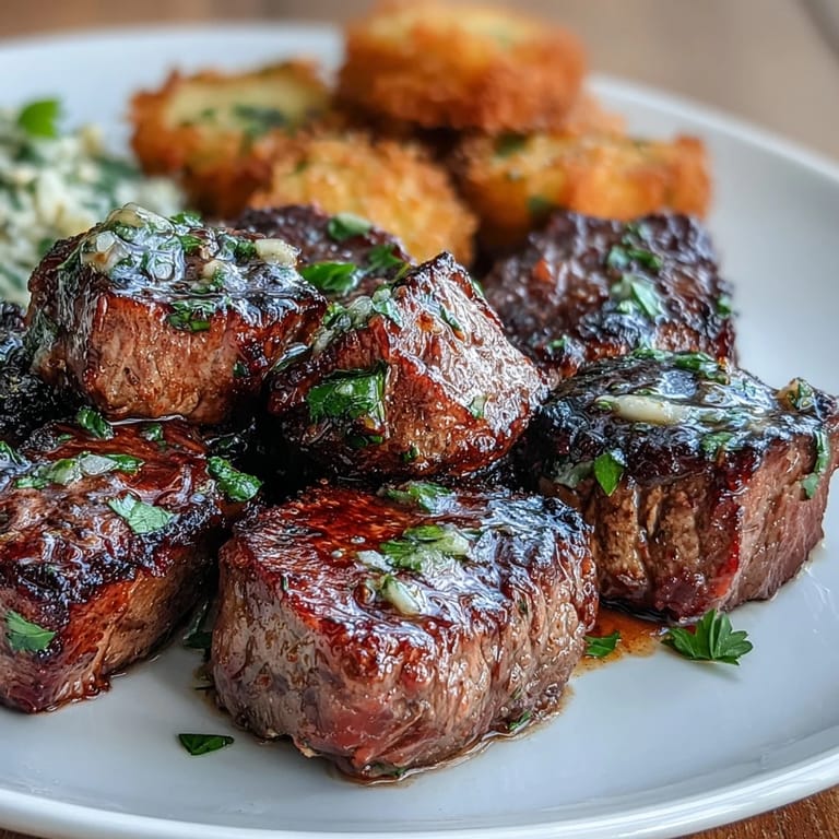 Saftige Steak Bites in aromatischer Knoblauchbutter, serviert mit goldbraunen Avocado-Fritten und zarten Zucchinistreifen für ein perfektes Keto-Essen.