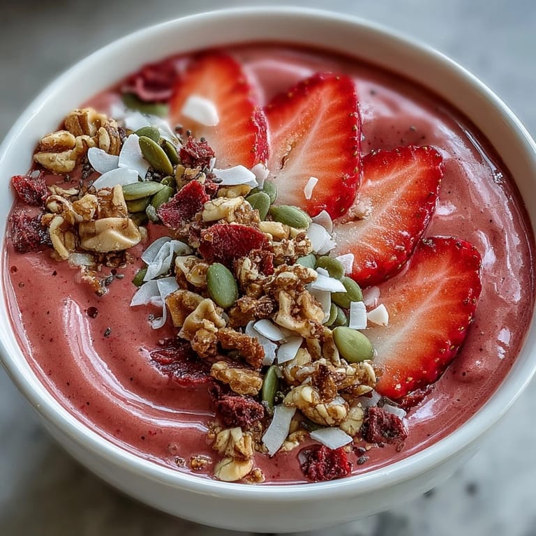 Erdbeer-Protein-Smoothie-Bowl mit versteckter Blumenkohlcreme: Reichhaltige, schaumige Smoothie-Bowl mit gefrorenen Erdbeeren, Proteinpulver und knusprigen Toppings.