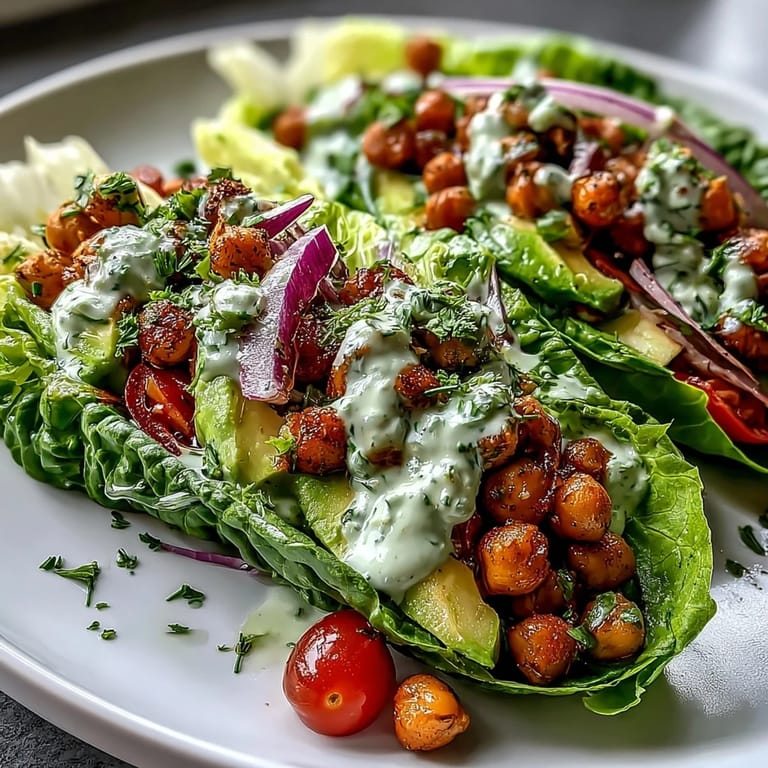Knackige Salatblätter gefüllt mit würzigem Avocado-Kichererbsensalat, garniert mit Radieschen und frischen Kräutern.