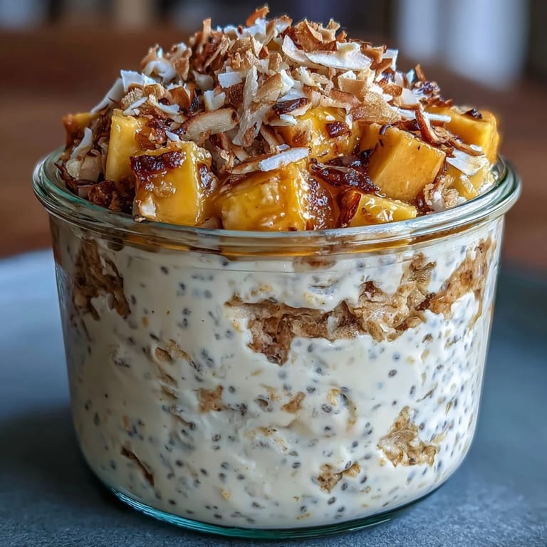 3. Cremige vegane Haferflocken mit Mango, Kokosmilch und einer knusprigen Schicht gerösteter Kokosnuss, serviert in einem frischen Glas zum Genießen.
