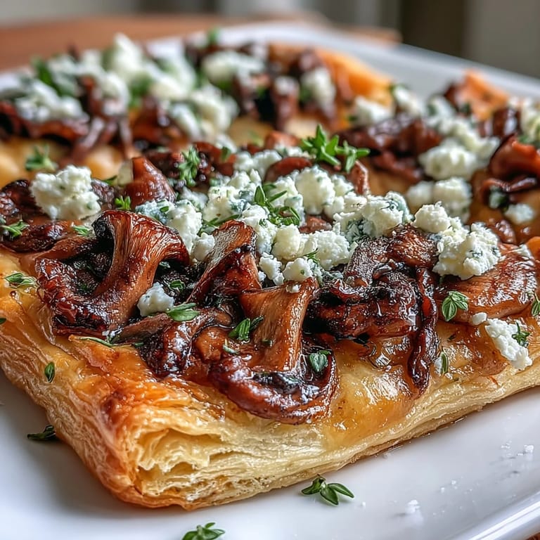 2. Eleganter Wild Mushroom Tart: saftige Wildpilze, frischer Thymian und würziger Ziegenkäse auf fluffigem Blätterteig.