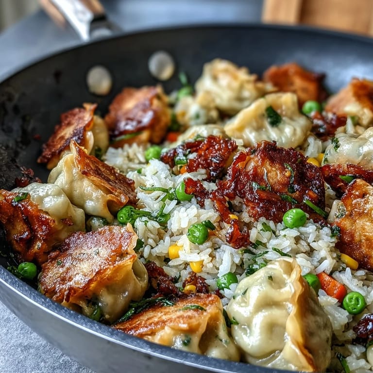 2. Buntes Dumpling-Reis-Gericht: Knusprige Dumplings, aromatischer Jasminreis und frisches Gemüse in einer heißen Pfanne – perfekt für einen schnellen, asiatisch inspirierten Lunch.