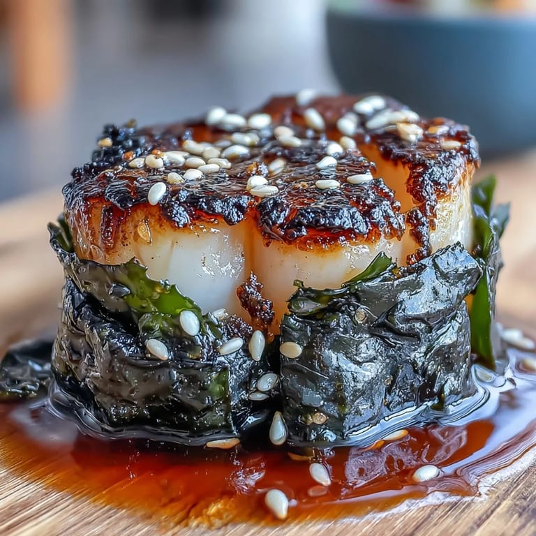 Zarte Jakobsmuscheln in knuspriger Nori-Hülle, perfekt angebraten und mit würziger Ponzu-Sauce garniert.