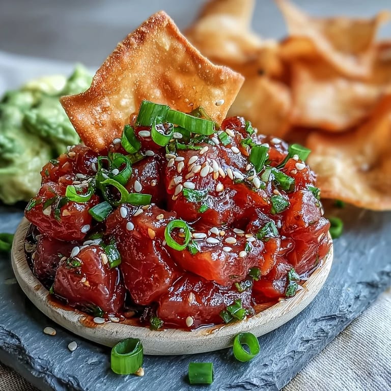 2. Farbenfrohe Vorspeise: Würfelig geschnittener Sushi-Thunfisch in scharf-saurer Marinade mit Avocado und Limette.  