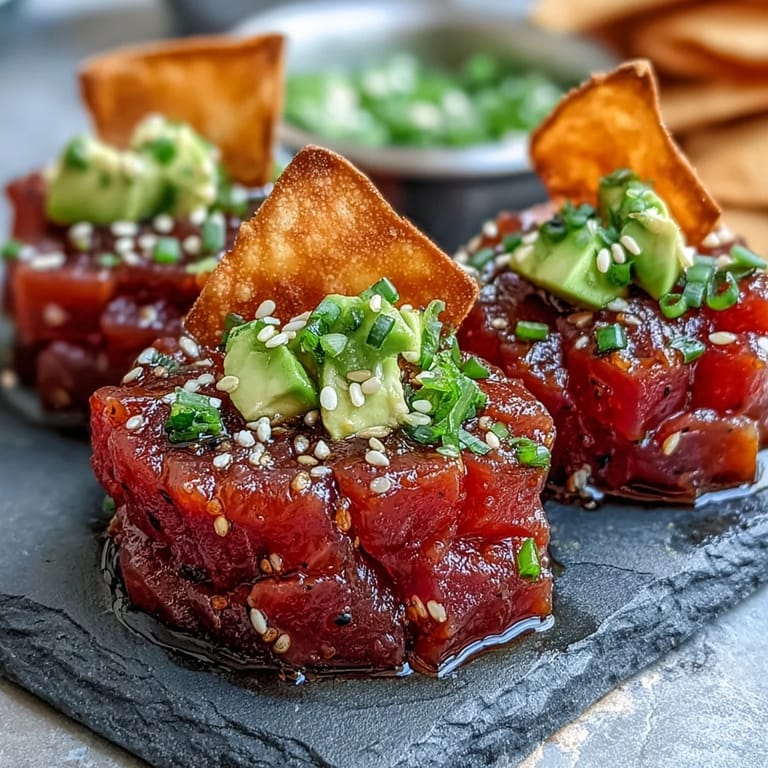 3. Gourmet-Appetizer mit zartem Thunfisch, cremiger Avocado und knusprigen frittierten Wonton-Blättern.