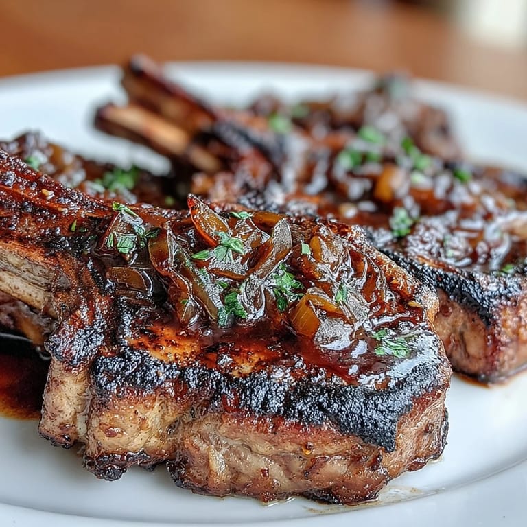 Duftende Lammkoteletts in reichhaltiger, karamellisierter Zwiebelmarmeladen-Sauce mit Dijon-Senf.  