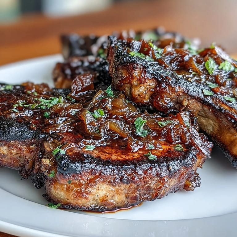 Goldbraune Lammkoteletts mit glänzender Balsamico-Zwiebelmarmeladen-Glasur, serviert auf einem warmen Teller.