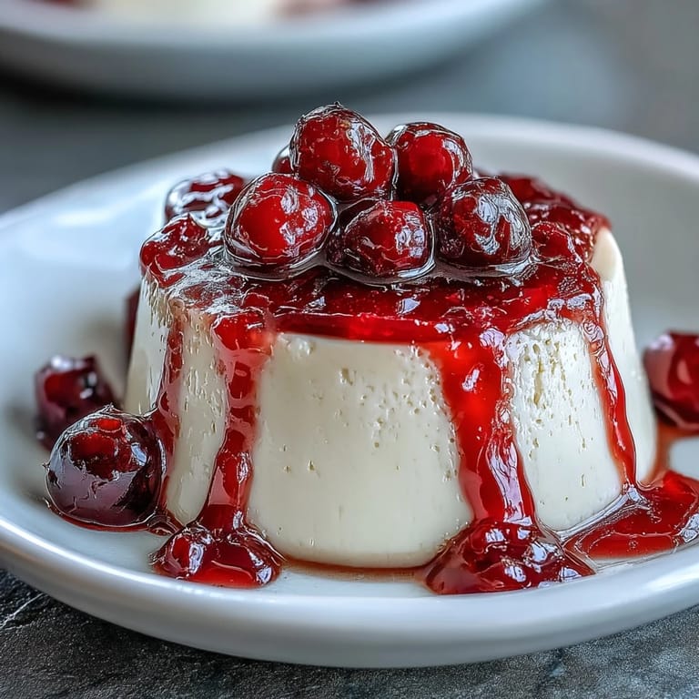 Duftende Kardamom-Panna Cotta in einer Glasschale serviert, gekrönt von einer leuchtend roten Beerenkompott-Sauce.