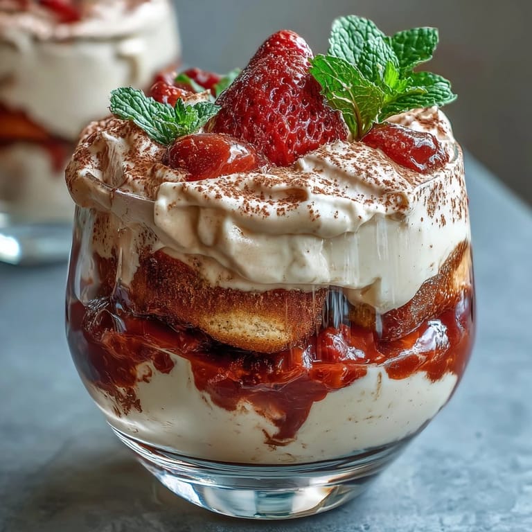 2. Elegante Erdbeer-Tiramisu-Törtchen mit fluffiger Mascarponecreme, frischen Erdbeeren und einer Kakaopuder-Zuckerschicht.