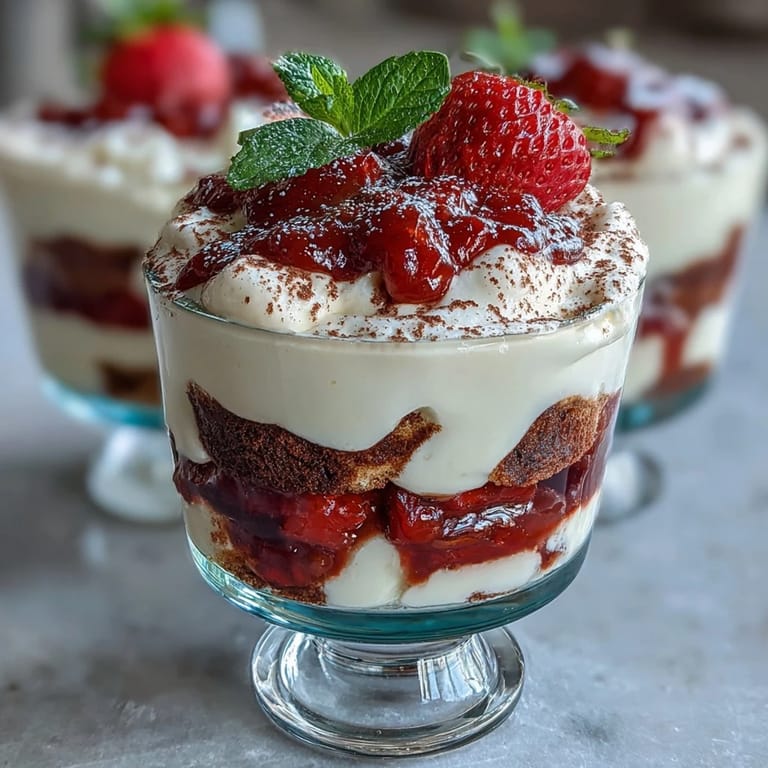 3. Verführerische Erdbeer-Tiramisu-Törtchen mit geschichteten Löffelbiskuits, Mascarpone und süßen Erdbeeren, perfekt für den Valentinstag.