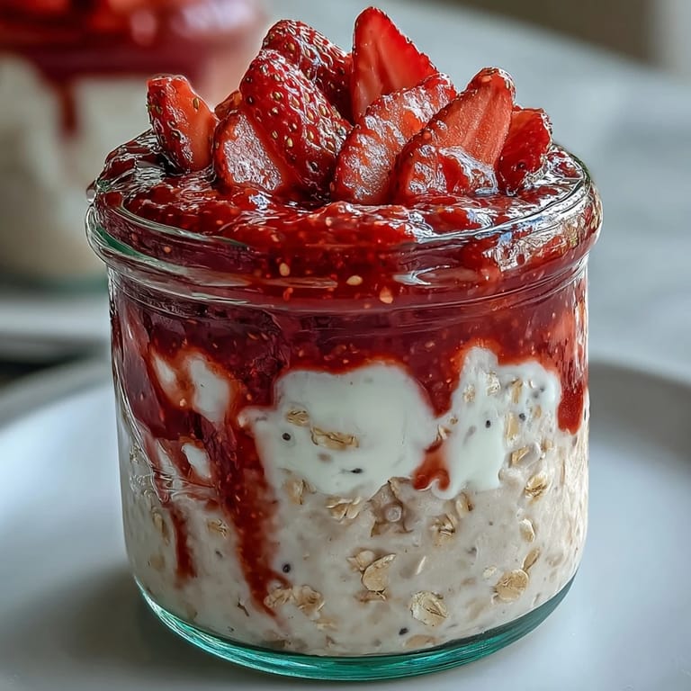 Über Nacht eingeweichte Haferflocken mit süßer Erdbeer-Chia-Marmelade, garniert mit frischen Beeren und Nüssen.