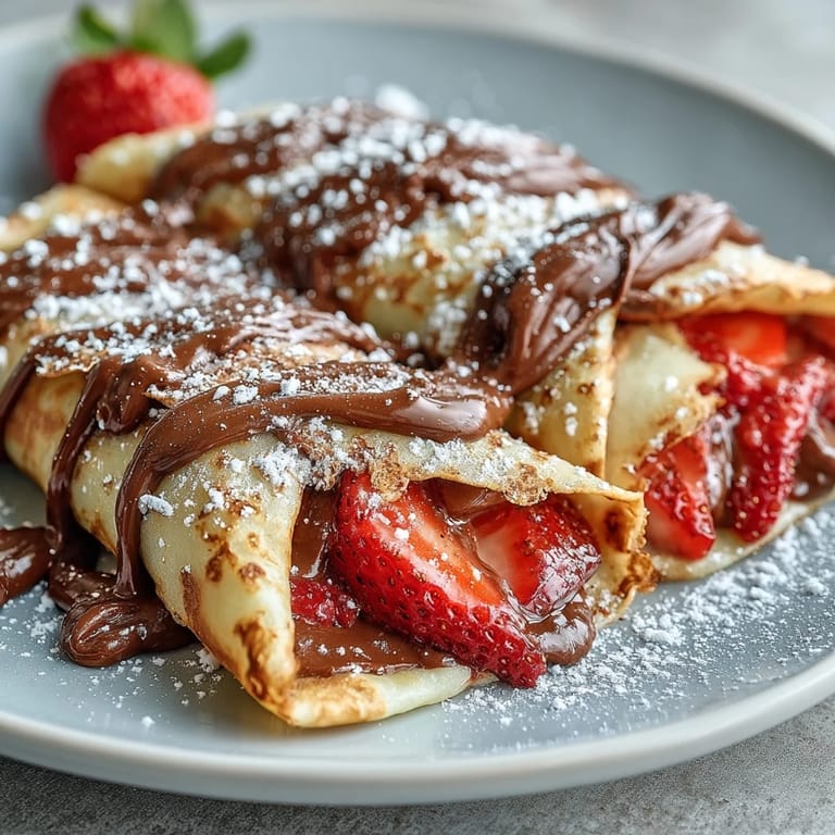 Knusprig-süße Crêpes mit Nutella und Erdbeeren, eine köstliche Idee für ein Galentine's Brunch.