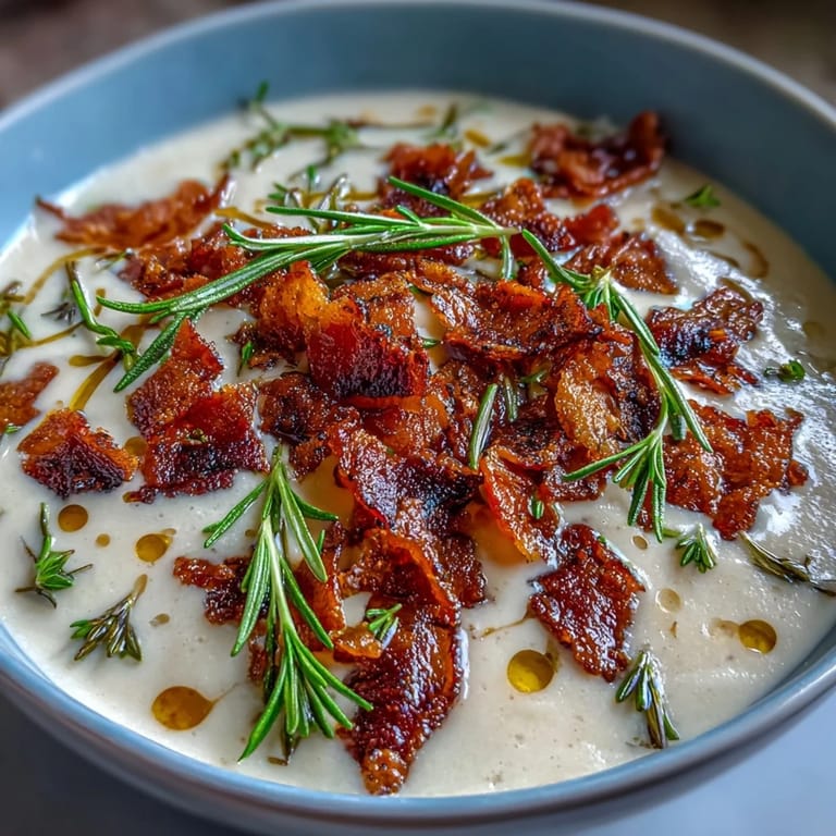 Velvety weiße Bohnensuppe mit rauchigem Speck und frischem Rosmarin, serviert mit knusprigem Bacon.