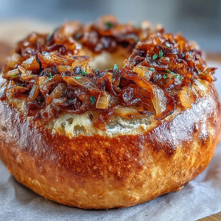 Knusprige, selbstgemachte Sourdough Onion Bagels mit einer zähen Kruste und einer würzigen Zwiebelhaube, ideal für jeden Anlass.