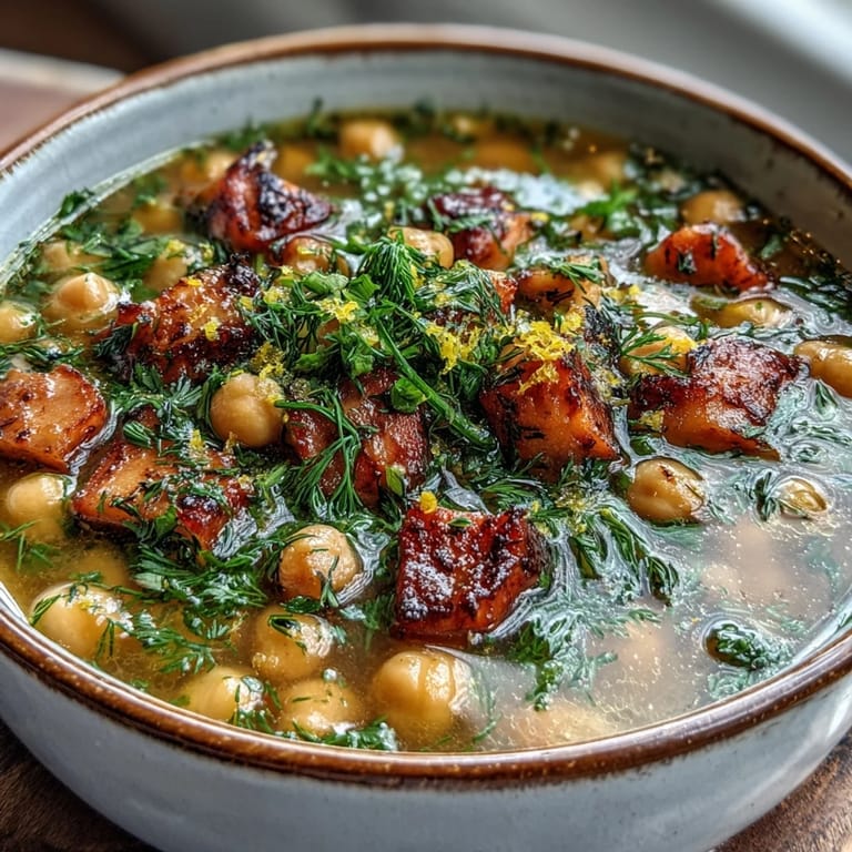Eine duftende, mediterran inspirierte Suppe mit Schinken, Kichererbsen und einem Hauch Zitrone. Ideal für ein leichtes, aber sättigendes Abendessen.