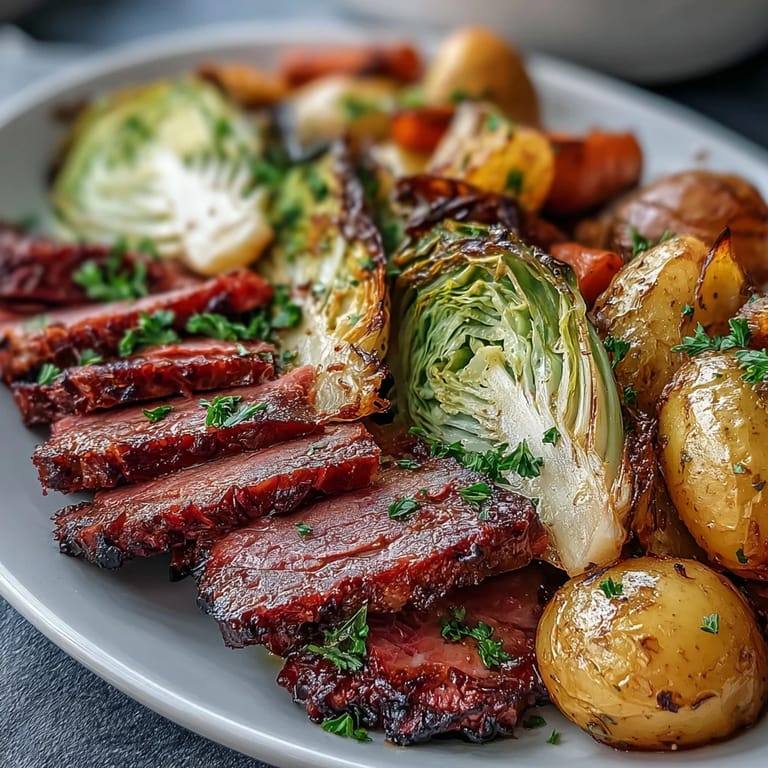 Corned Beef and Cabbage Sheet Pan Dinner mit knusprigem Kohl, Kartoffeln und Karotten.