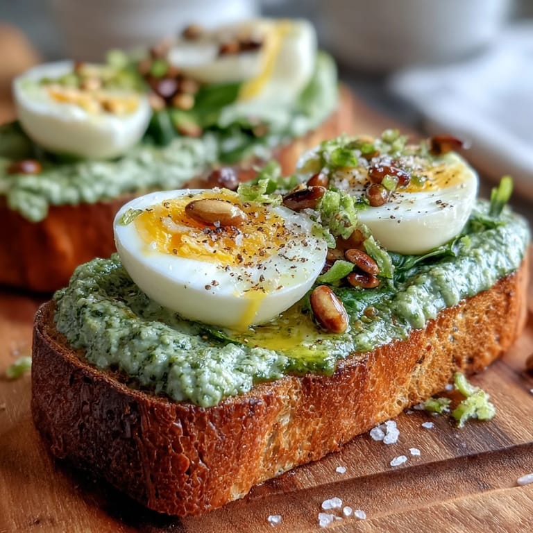 Knuspriger Sauerteig-Toast mit hausgemachtem Spinat-Pesto und perfekt weichgekochtem Ei, serviert mit Meersalz.  