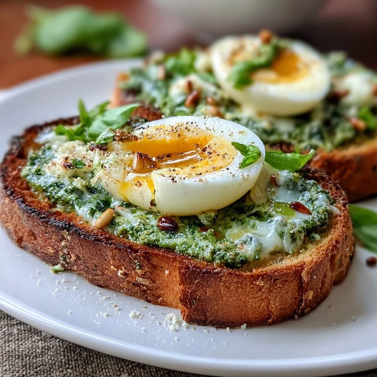 Vollwertiger Frühstücks-Toast mit cremigem Spinat-Pesto, goldgelbem Sauerteig und einem flüssigen Eigelb.