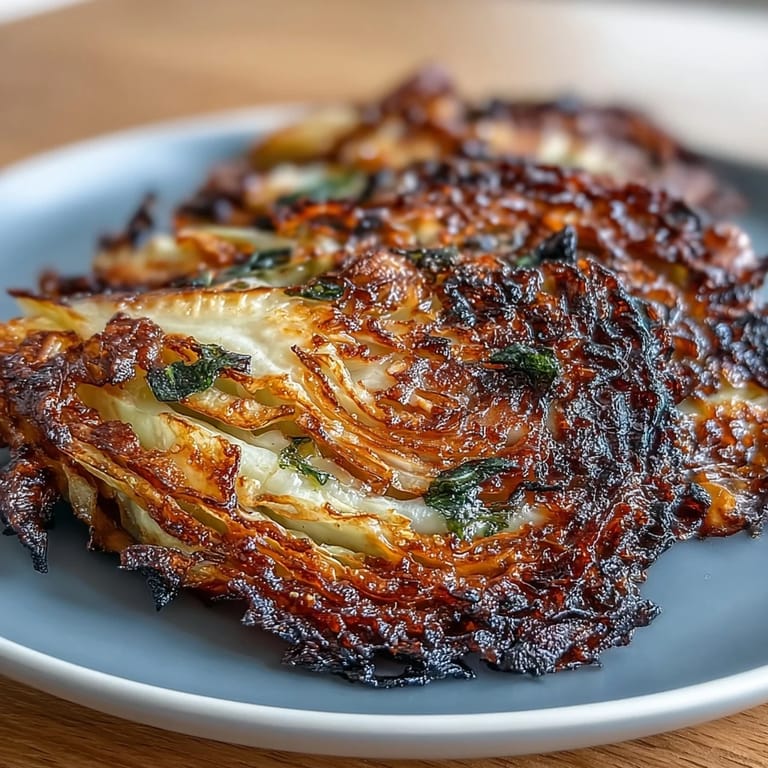 Luftgebratene Kohlstreifen mit goldbraunen Rändern, beträufelt mit geschmolzener Knoblauchbutter, ein einfaches und köstliches vegetarisches Gericht.