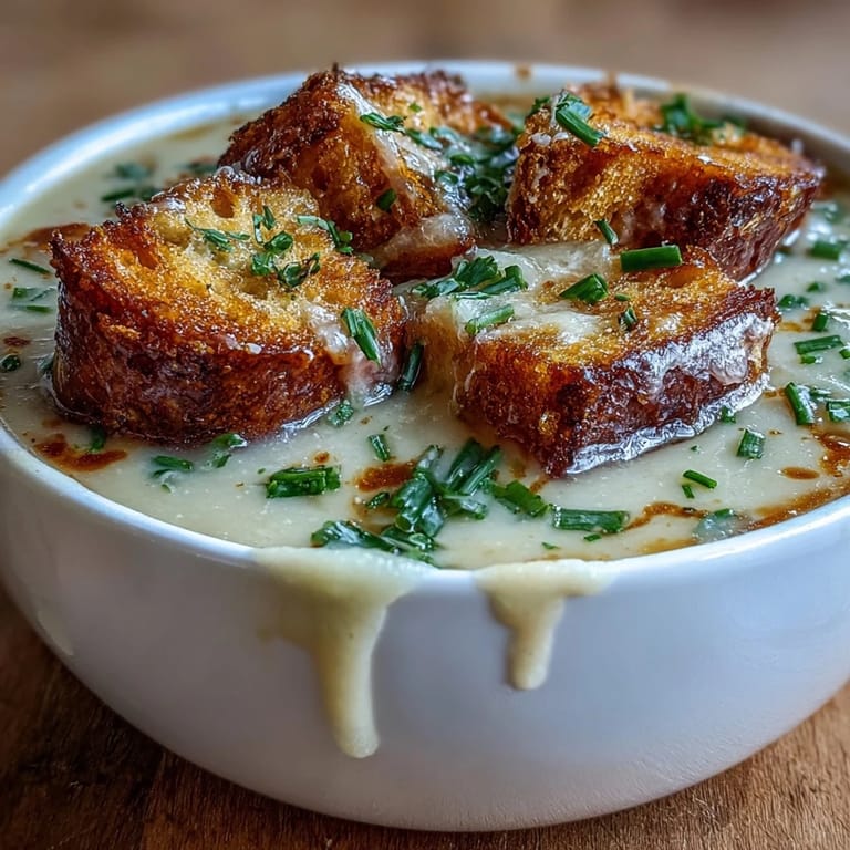 Ein Teller mit cremiger Lauch-Kartoffelsuppe, garniert mit goldbraunen Sauerteig-Croûtons