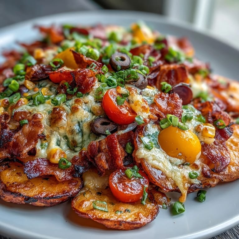 Knusprige Kartoffelscheiben, überbacken mit Cheddar und buntem Gemüse, serviert mit cremigem griechischem Joghurt-Ranch-Dip in einer kleinen Schale.