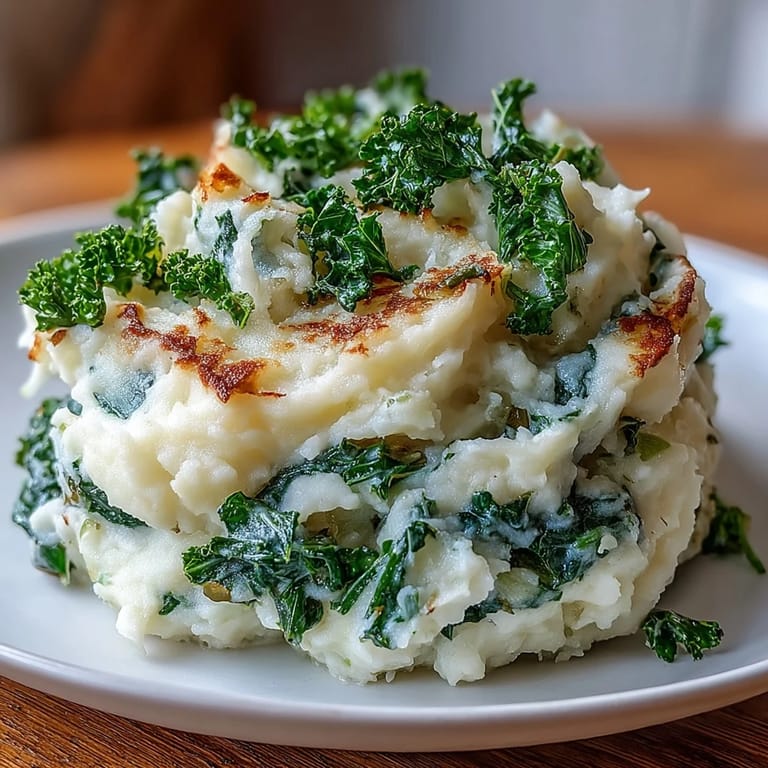 1. Irisch inspirierte Colcannon-Kartoffelpüree mit knusprigem Grünkohl - cremiges Kartoffelpüree mit sautierten Lauchzwiebeln, garniert mit knusprigem Grünkohl für eine moderne irische Beilage.