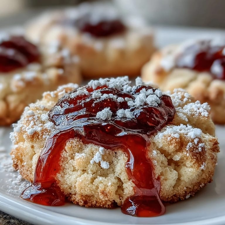 Buttrige Shortbread-Kekse mit süßer Erdbeermarmelade, ideal für Picknicks und süße Leckereien.