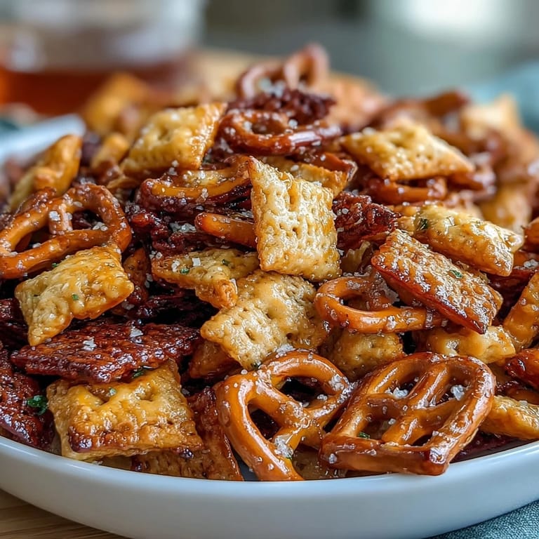 Sauerteig-Cheez-Its-Snack-Mix mit Nüssen und Brezeln – herzhaft, würzig und perfekt zum Teilen.