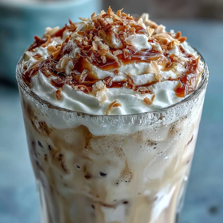 EISKALTE VANILLE-BOHNEN-KOKOS-FRAPPE MIT SCHÄUMIGER TEXTUR UND GOLDENEN TOASTED-KOKOS-DEKORATION