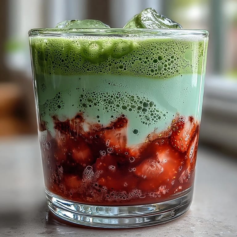 3. Zwei milchfreie Erdbeer-Matcha-Lattes mit bunten Schichten aus Erdbeeren, Matcha und Hafermilch, garniert mit frischen Fruchtscheiben.