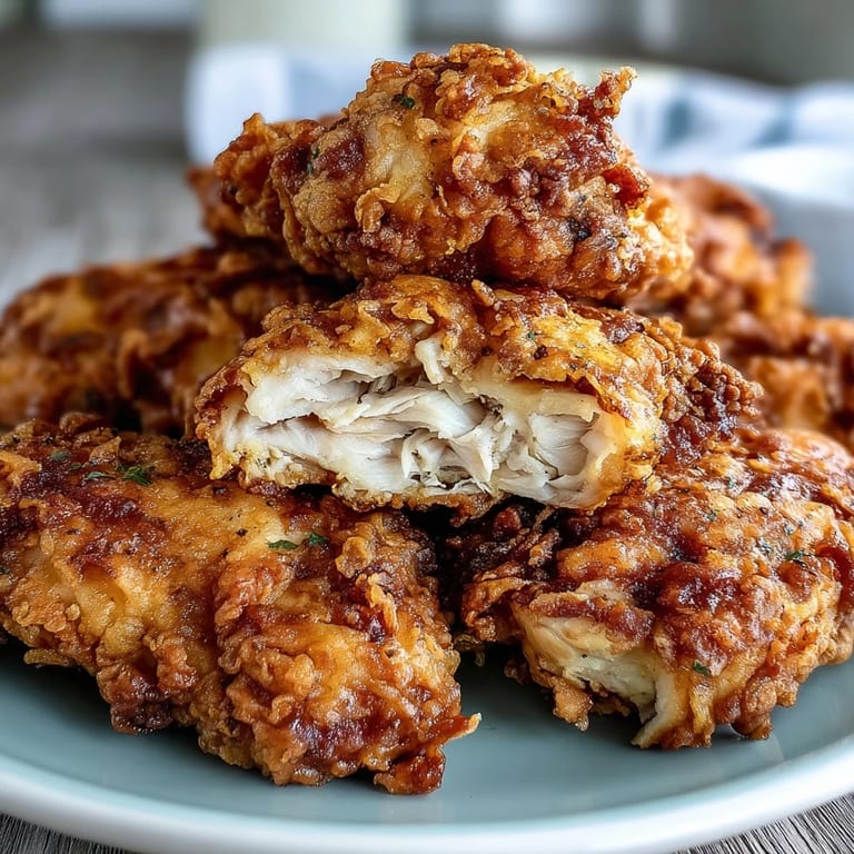 Dampfendes Fried Chicken mit knuspriger Panade neben warmen, buttrigen Honigbutter-Brötchen.