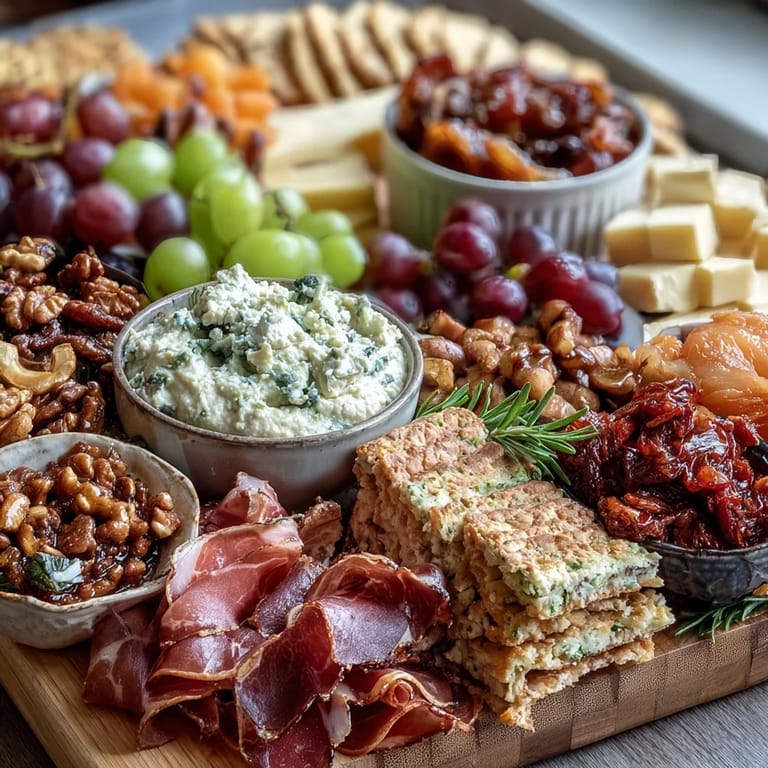 Hauswarming-Party-Charcuterie-Board mit Dips und Crackern: Ein beeindruckendes Arrangement aus geräuchertem Fleisch, cremigem Käse und knackigem Gemüse für den perfekten Empfang.