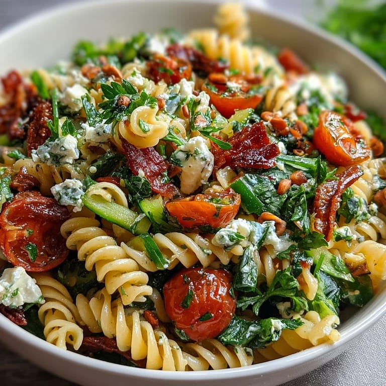 Kühl erfrischender Zitronen-Nudelsalat mit knackiger Gurke, Cherrytomaten und cremigem Feta.
