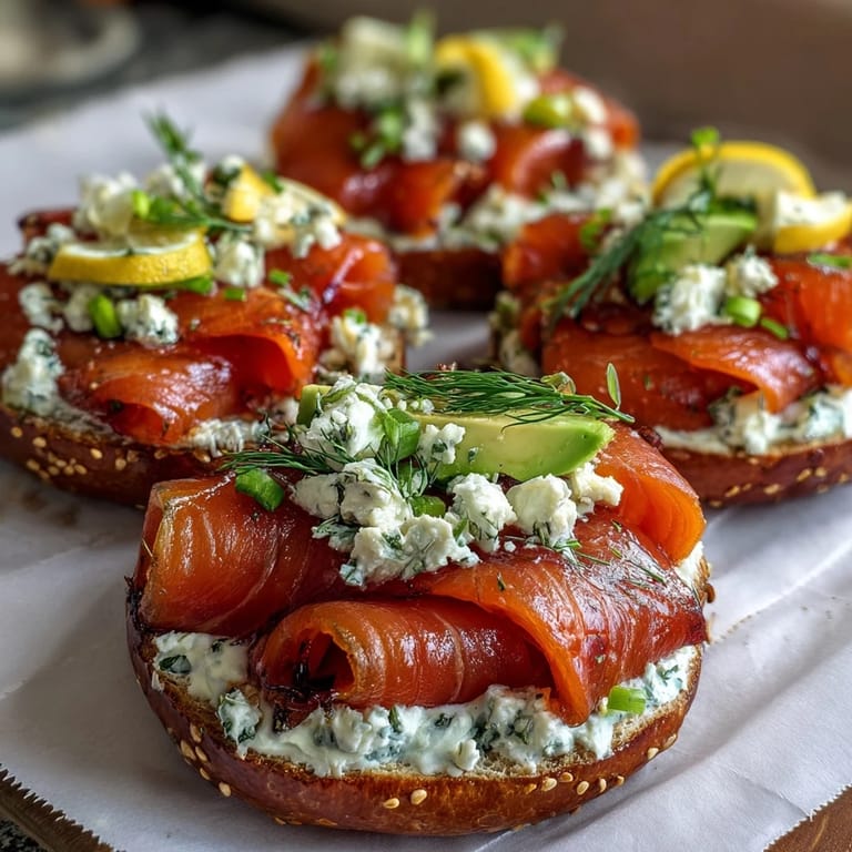 Elegantes Brunch-Brett mit geräuchertem Lachs, verschiedenen Bagels, Avocado und Kräutern – perfekt zum Teilen.