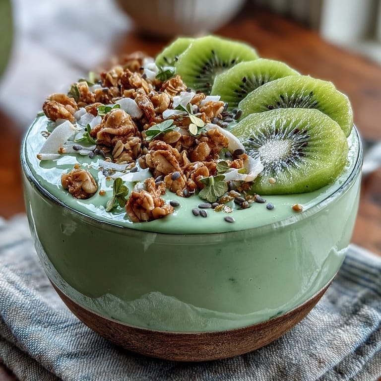 Festlicher grüner Smoothie-Bowl mit Spinat, Avocado und dekorativen Gold-Sternchen.