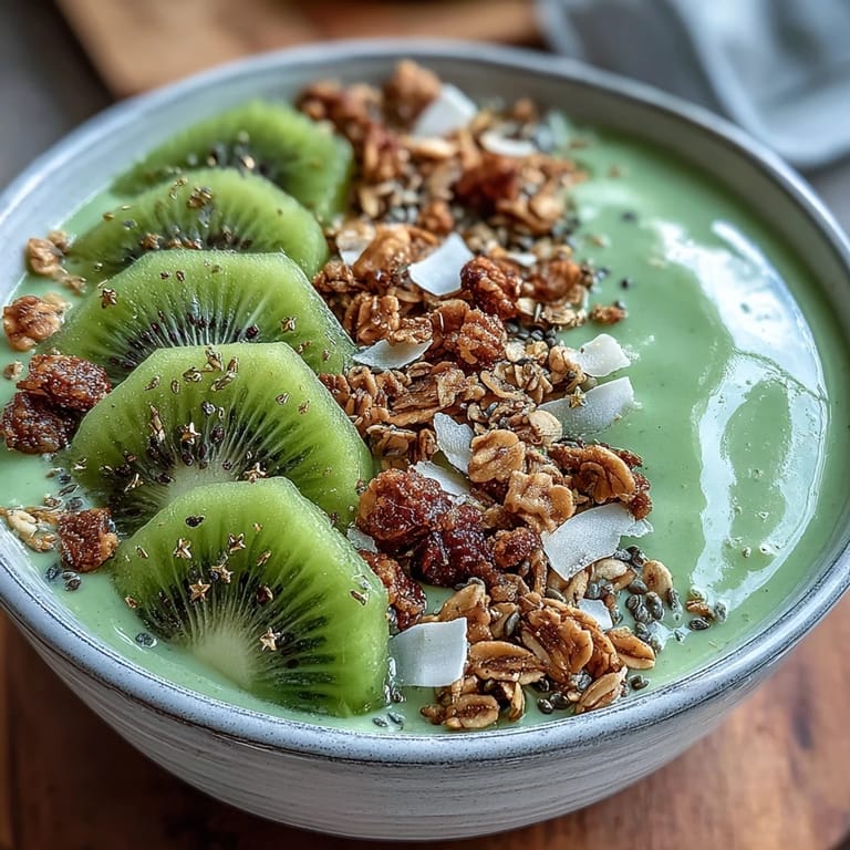 Proteinreicher grüner Smoothie-Bowl mit frischem Kiwi und knusprigem Granola.  