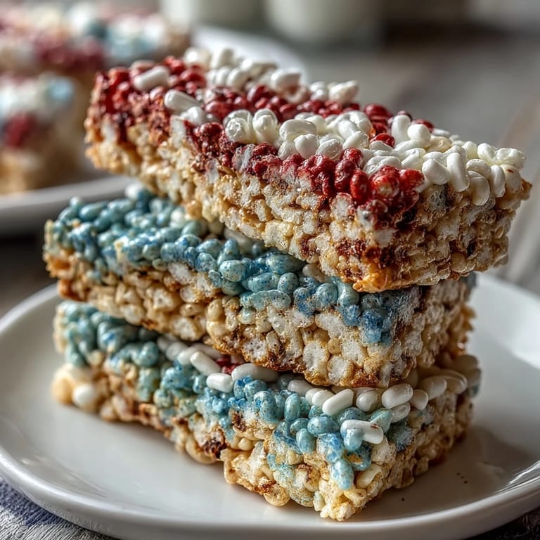 Kauige, farbenfrohe Rice Krispies-Leckereien mit roten, weißen und blauen Streuseln für einen patriotischen Dessert-Touch.