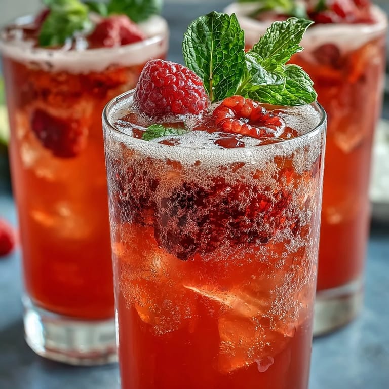 Gläser mit Raspberry Lemon Spritz Mocktail gefüllt, garniert mit Minze, Zitronenscheiben und Himbeeren.