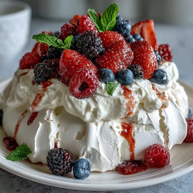 Sahnige Meringue Pavlova mit frischen Beeren und Minze garniert.