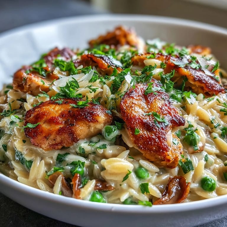 Saftiges Hühnchen und frische Erbsen in einem Topf mit zitronigem Orzo.