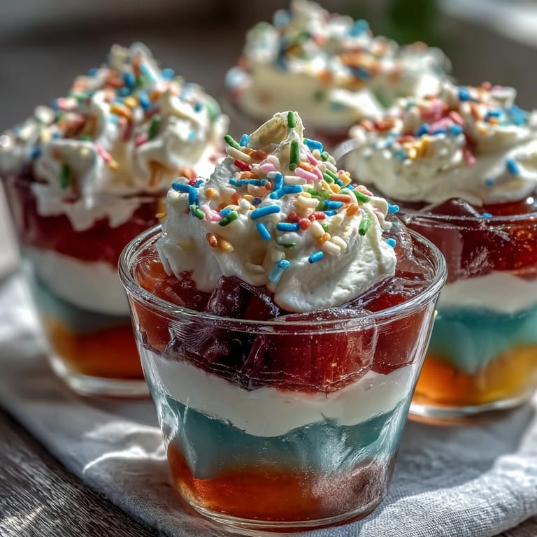 Lustige Regenbogen-Jell-O-Tassen für Kinder mit frischen Fruchtaromen.