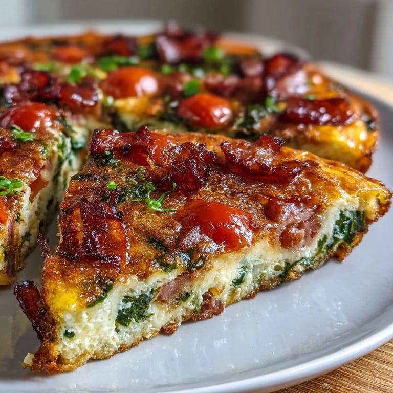 Eierfrittata mit Schweizer Käse, Schinken und Spinat, serviert mit frischem Obst.  