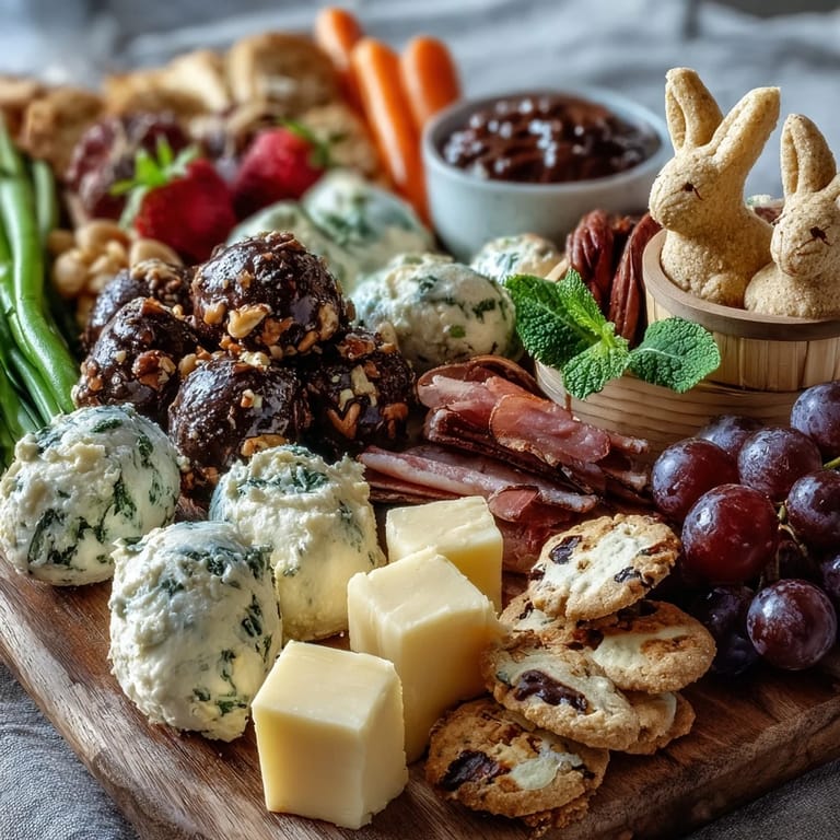 Festlich arrangierter Frühlings-Snack-Board mit Mini-Eier-Nestern aus Käse, Fleisch und frischem Gemüse.