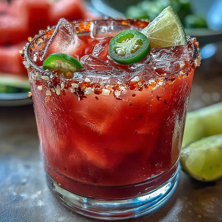 Leuchtend roter Cinco de Mayo Wassermelonen Jalapeño Margarita Mocktail, belebend und würzig.