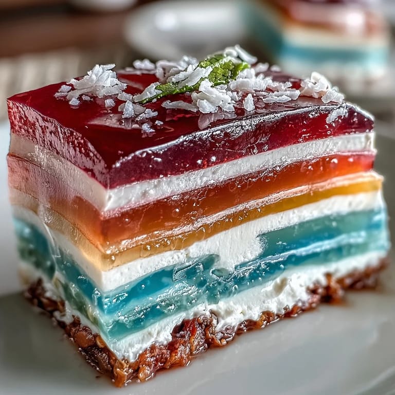 Bunter Wackelpudding-Kuchen mit Agar-Agar und cremiger Kokosschicht serviert.