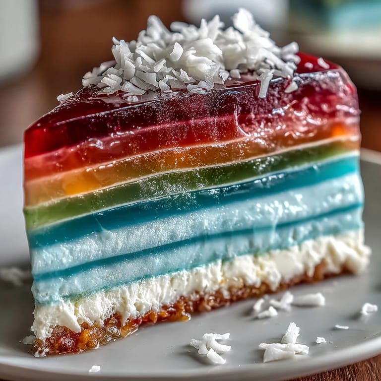 Farbintensiver Regenbogen-Wackelpudding-Kuchen mit Agar-Agar, leicht und erfrischend.