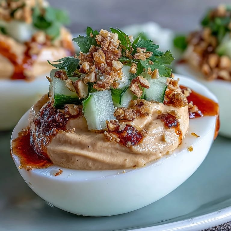Besondere Deviled Eggs im Thai-Stil mit erfrischender Gurken-Topping-Beilage.