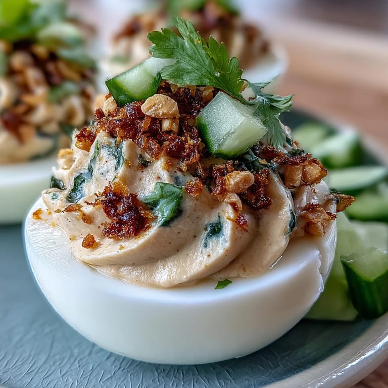 Würzige, asiatisch inspirierte Deviled Eggs mit Erdnuss-Limetten-Füllung serviert.